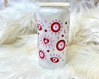 Iridescent Glass Can, Evil Eye Iced Coffee Cup with Lid & Straw