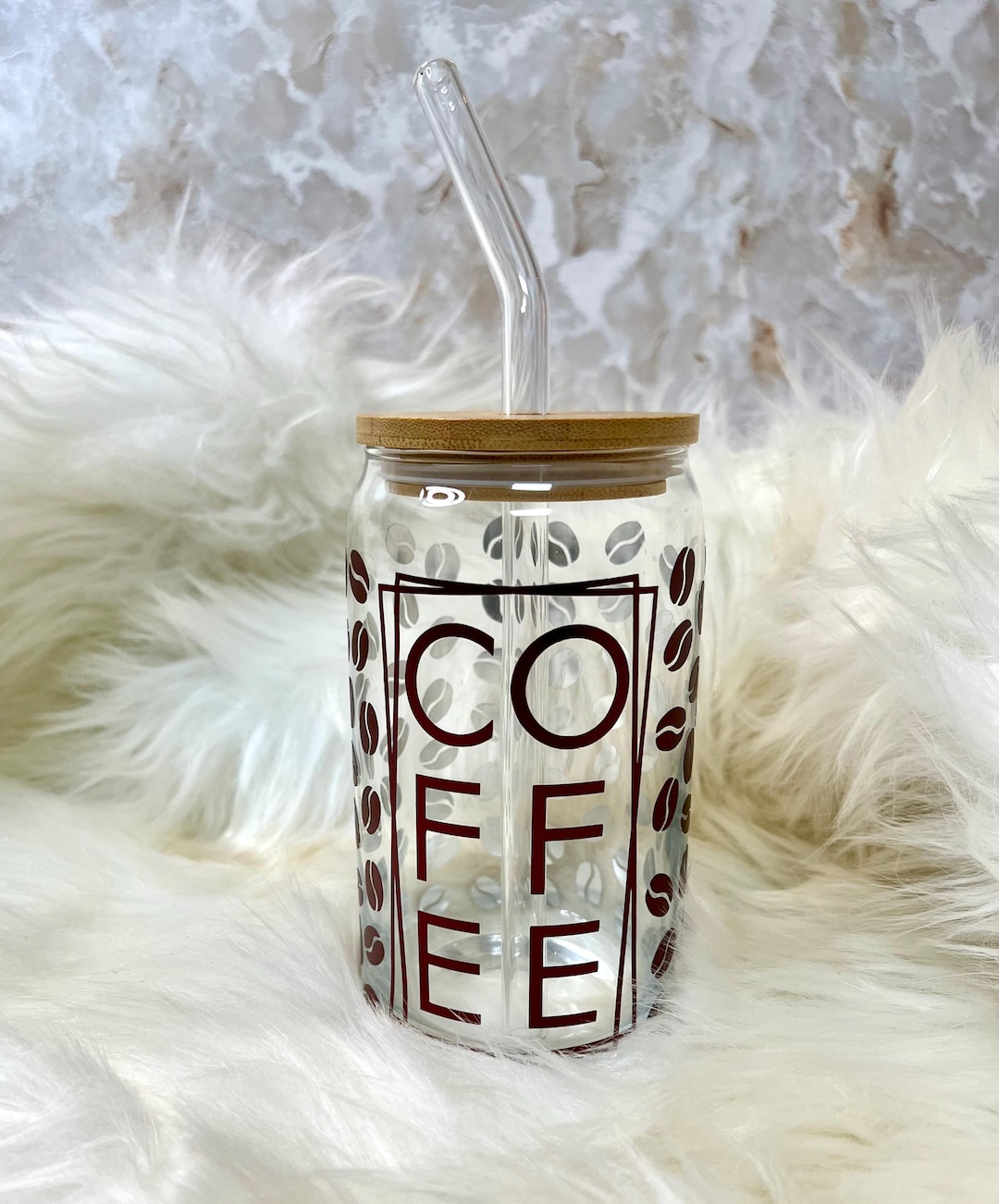 Iced Coffee Glass Beer Can With Bamboo Lid & Straw - Etsy