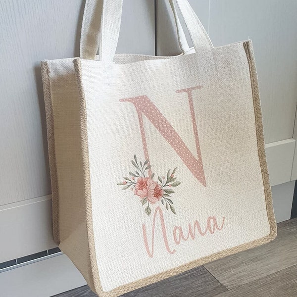 Pink Floral Personalised Linen and Jute Bag | Grandma, Nanny, Nana Gift Bag | Personalised Gift For Her | Gift for Friend | Mother's Day
