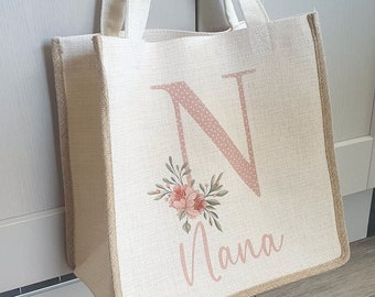 Pink Floral Personalised Linen and Jute Bag | Grandma, Nanny, Nana Gift Bag | Personalised Gift For Her | Gift for Friend | Mother's Day