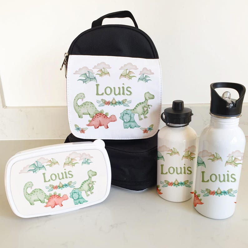 Set de lonchera y botella de agua personalizadas / Bolsa de almuerzo para niños para la vuelta al cole / Lonchera y botella de agua para niños / Astronauta / Dinosaurio / Avión B - Dinosaur - Black