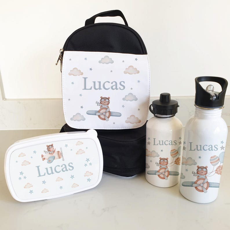 Set de lonchera y botella de agua personalizadas / Bolsa de almuerzo para niños para la vuelta al cole / Lonchera y botella de agua para niños / Astronauta / Dinosaurio / Avión B - Plane - Black