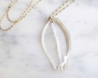 Clear "Petal" Necklace | Glass Pendant on Long 14k Gold Chain | Garden Collection