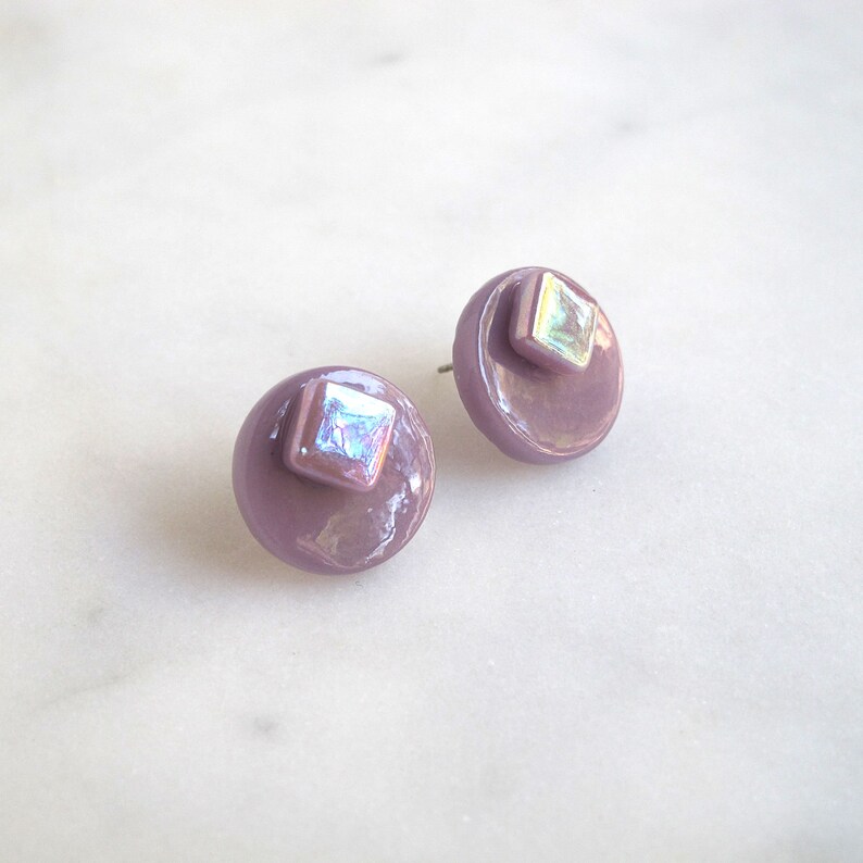 Geometric Disc Stud Earrings in Various Colors Recycled Glass Rally Collection Lilac Iridescent