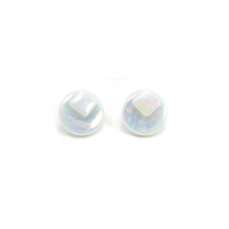 Geometric Disc Stud Earrings in Various Colors Recycled Glass Rally Collection White Iridescent