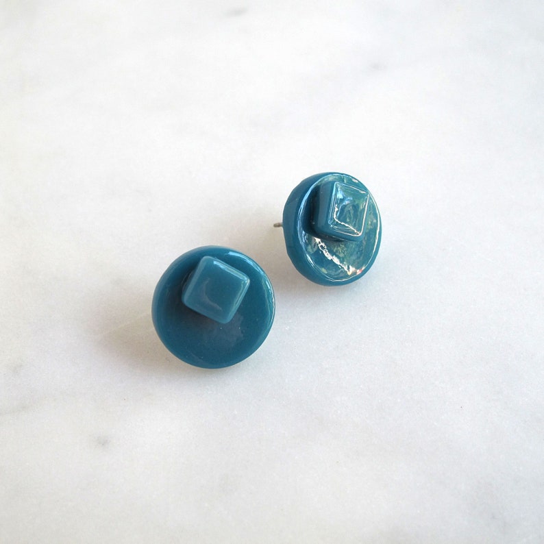 Geometric Disc Stud Earrings in Various Colors Recycled Glass Rally Collection Teal