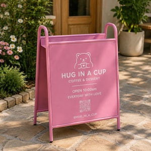Puede incluir: Un letrero de acera de metal rosa en forma de A con un gr&aacute;fico blanco de un oso sosteniendo una taza, el texto HUG IN A CUP COFFEE & DESSERT, OPEN 10:00am EVERYDAY WITH LOVE, un c&oacute;digo QR y el nombre de usuario @HUG_IN_A_CUP impresos en blanco.