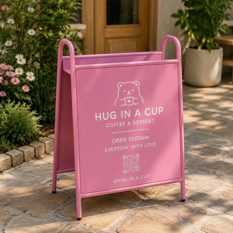 Puede incluir: Un letrero de acera de metal rosa en forma de A con un gr&aacute;fico blanco de un oso sosteniendo una taza, el texto HUG IN A CUP COFFEE & DESSERT, OPEN 10:00am EVERYDAY WITH LOVE, un c&oacute;digo QR y el nombre de usuario @HUG_IN_A_CUP impresos en blanco.