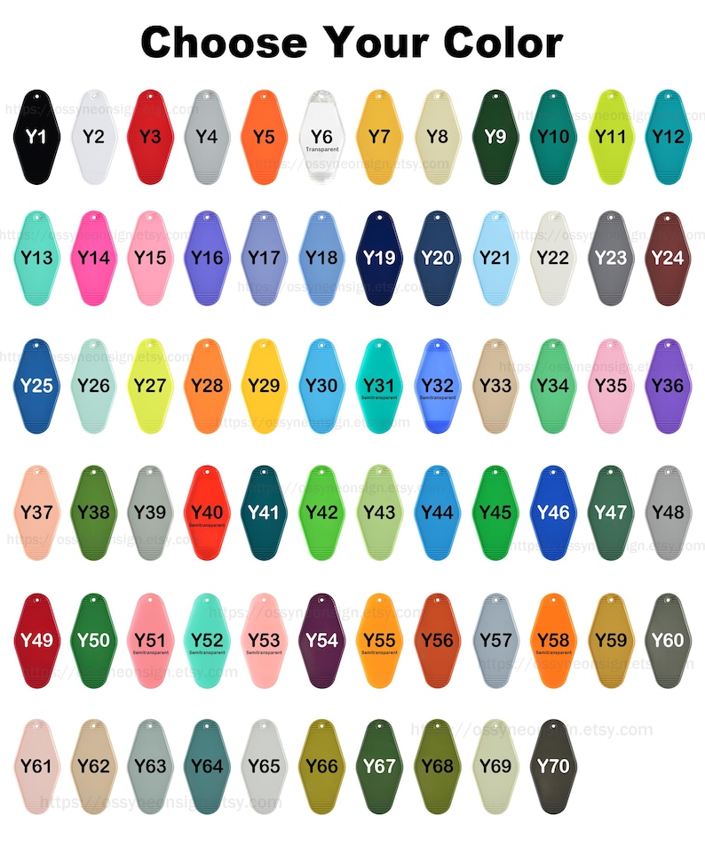 May include: A chart of 70 different color options for a key tag. The key tags are shaped like a motel key. The colors include black, white, red, orange, yellow, green, blue, purple, pink, brown, and gray.