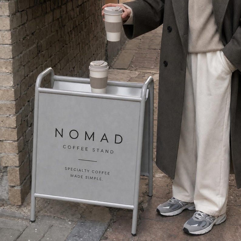 Puede incluir: Un letrero de metal gris claro en forma de A con el texto NOMAD COFFEE STAND SPECIALTY COFFEE MADE SIMPLE. Dos tazas de caf&eacute; reutilizables blancas con fundas texturizadas de color beige est&aacute;n colocadas en el borde superior del letrero.