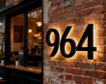 Enseigne rétro-éclairée, Numéro de maison personnalisé, Lettre LED en métal noir, Enseigne d'adresse de magasin personnalisée, Enseigne murale avec logo d'entreprise
