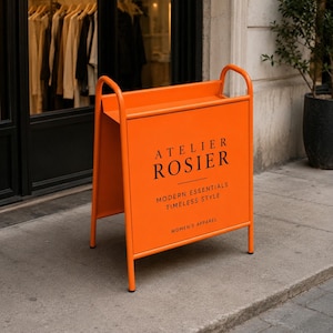 Puede incluir: Un letrero de acera de metal naranja brillante en forma de A con texto negro que dice ATELIER ROSIER, MODERN ESSENTIALS, TIMELESS STYLE y WOMEN'S APPAREL. El letrero cuenta con un estante superior y dos asas arqueadas sobre un marco resistente.