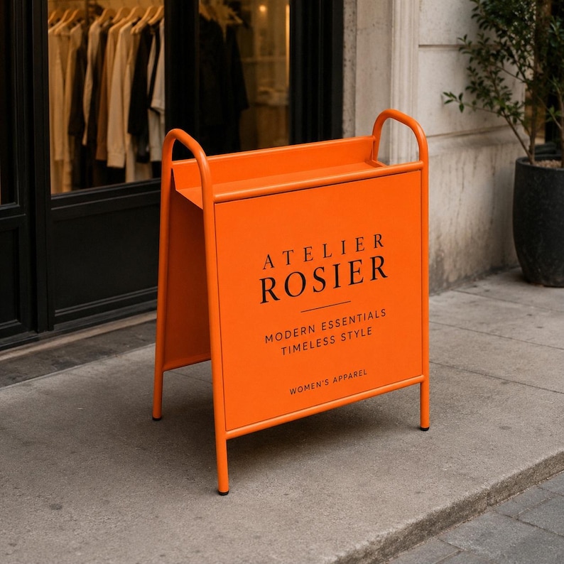 Puede incluir: Un letrero de acera de metal naranja brillante en forma de A con texto negro que dice ATELIER ROSIER, MODERN ESSENTIALS, TIMELESS STYLE y WOMEN'S APPAREL. El letrero cuenta con un estante superior y dos asas arqueadas sobre un marco resistente.