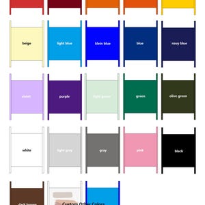 Puede incluir: Una tabla de colores titulada Sign Color Option que muestra veintid&oacute;s muestras rectangulares de varios colores, incluyendo rojo, rojo oscuro, naranja, amarillo, beige, azul, azul marino, violeta, morado, verde, oliva, blanco, gris, rosa, negro y marr&oacute;n.