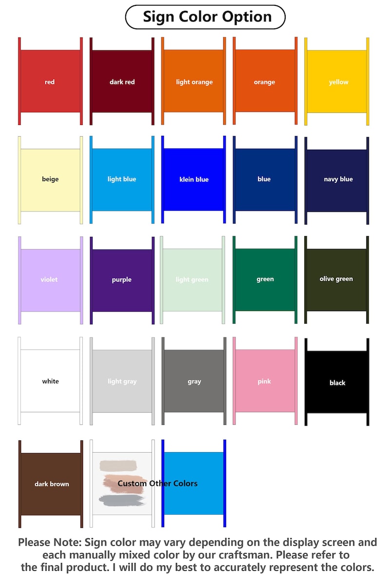 Puede incluir: Una tabla de colores titulada Sign Color Option que muestra veintid&oacute;s muestras rectangulares de varios colores, incluyendo rojo, rojo oscuro, naranja, amarillo, beige, azul, azul marino, violeta, morado, verde, oliva, blanco, gris, rosa, negro y marr&oacute;n.