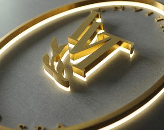 Placa de metal dourada com logotipo personalizado e retroiluminado, decoração de parede 3D para escritório.