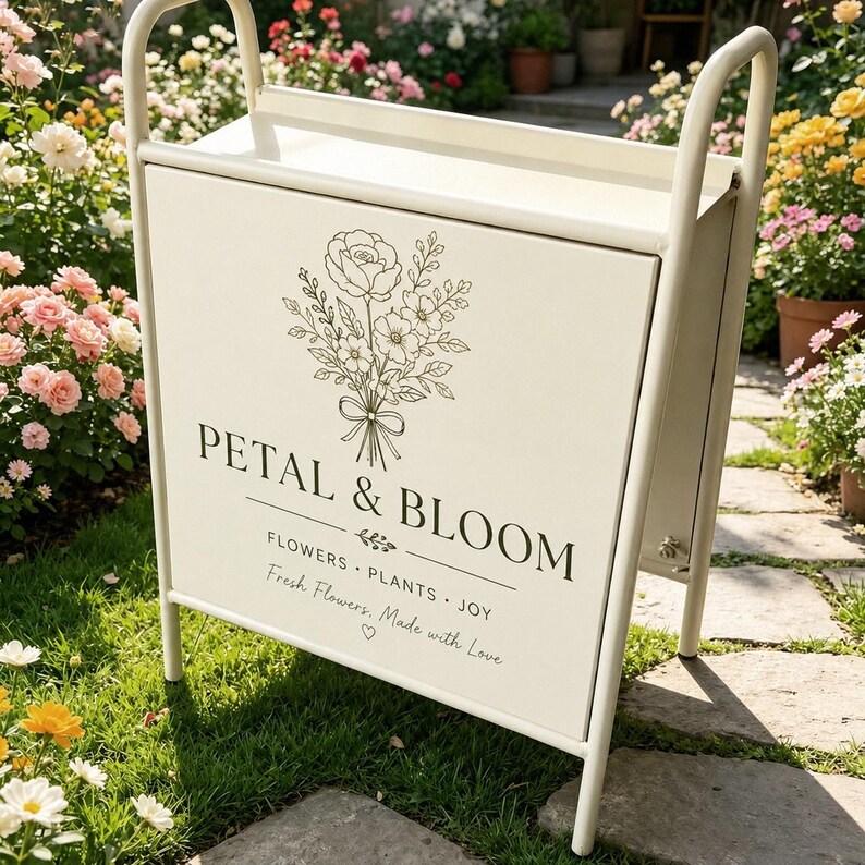Puede incluir: Un expositor de metal color crema con un panel frontal rectangular que presenta una ilustraci&oacute;n floral de l&iacute;neas y el texto PETAL & BLOOM, FLOWERS &bull; PLANTS &bull; JOY, y Fresh Flowers, Made with Love con un peque&ntilde;o s&iacute;mbolo de coraz&oacute;n.