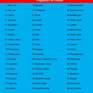 May include: A list of 54 different fragrance options, numbered and presented in two columns. The list includes scents like Black Ice, Banana, Morning Fresh, Summer Linen, and more.