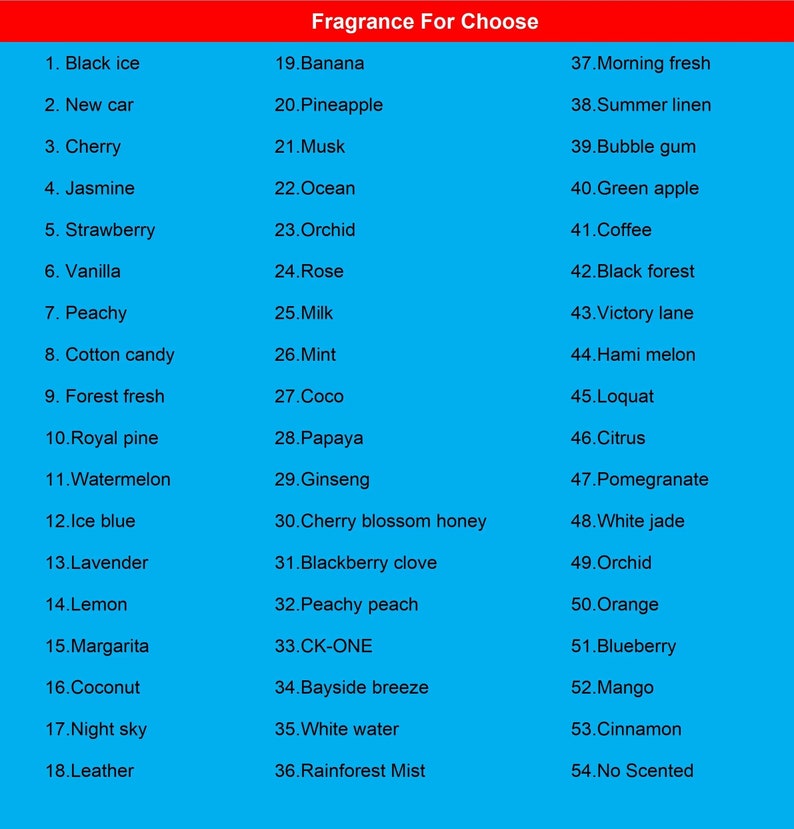 May include: A list of 54 different fragrance options, numbered and presented in two columns. The list includes scents like Black Ice, Banana, Morning Fresh, Summer Linen, and more.