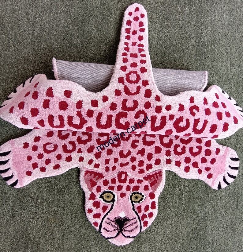 Pink Leopard Rug Skin Shape 3' X 5' Handmade Tufted Etsy
