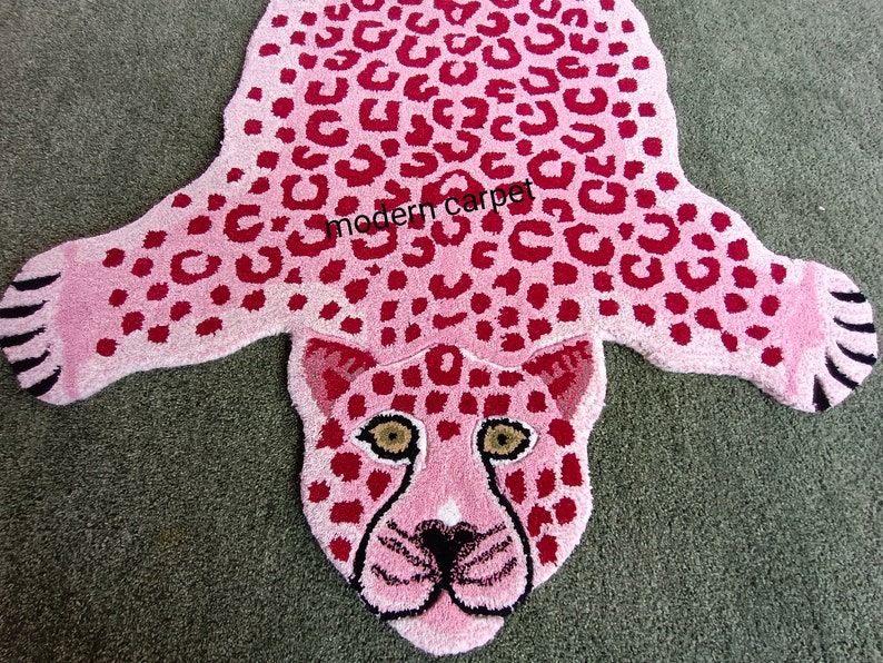 Pink Leopard Rug Skin Shape 3' X 5' Handmade Tufted Etsy