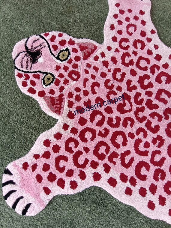 Pink Leopard Rug Skin Shape 3' X 5' Handmade Tufted Etsy