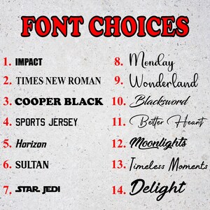 May include: Image showcasing a variety of font styles. The text "FONT CHOICES" is displayed in a bold, red font. Fourteen different font options are listed, each with a corresponding number and name, including "Impact," "Times New Roman," and "Cooper Black."