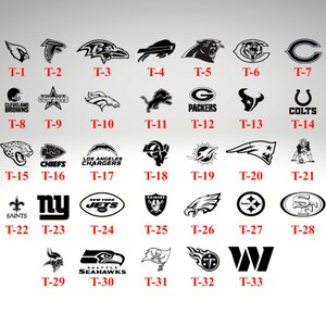 Op de afbeelding: Een raster met 33 zwart-wit NFL-teamlogo's. Elk logo is gelabeld met een nummer en de letter "T", bijvoorbeeld "T-1", "T-2", "T-3", enz.