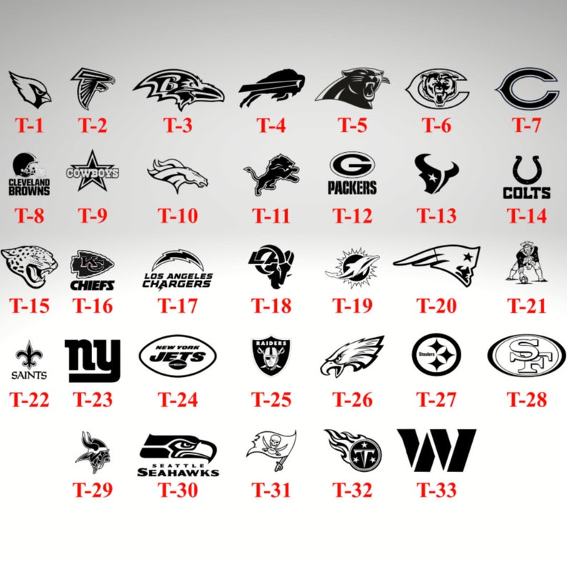 Op de afbeelding: Een raster met 33 zwart-wit NFL-teamlogo's. Elk logo is gelabeld met een nummer en de letter "T", bijvoorbeeld "T-1", "T-2", "T-3", enz.