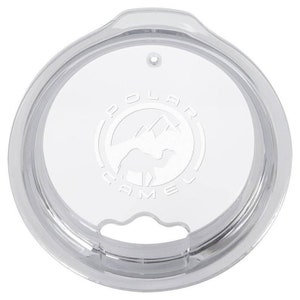May include: Clear plastic tumbler lid with a circular design. The lid features the embossed text "POLAR CAMEL" around a mountain and camel logo. The lid has a small hole and a drinking spout opening.