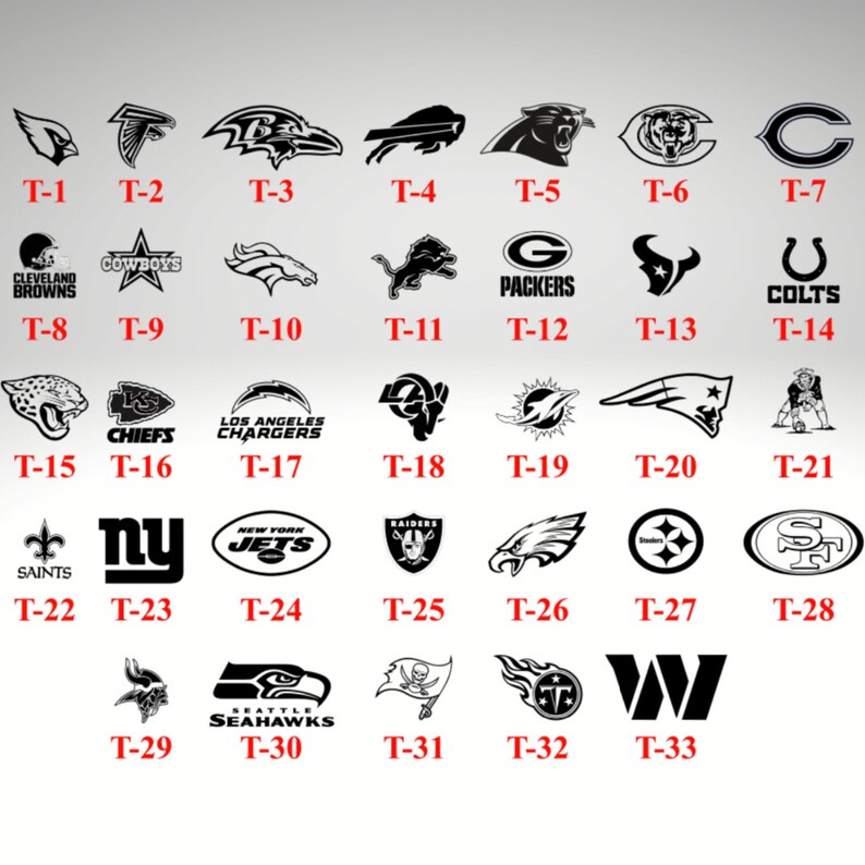 Puede incluir: Una cuadr&iacute;cula de 33 logotipos de equipos de la NFL en blanco y negro. Cada logotipo est&aacute; etiquetado con un n&uacute;mero y la letra "T", por ejemplo, "T-1", "T-2", "T-3", etc.