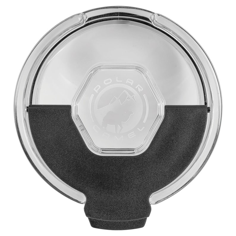 May include: A clear plastic lid with a black handle. The lid has a circular design with a clear plastic center and a black handle. The center features the words "POLAR CAMEL" around a mountain and camel logo.