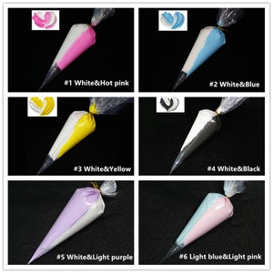 May include: Six plastic piping bags filled with different colored frosting. The bags are labeled with numbers and color combinations, such as #1 White & Hot pink, #2 White & Blue, #3 White & Yellow, #4 White & Black, #5 White & Light purple, and #6 Light blue & Light pink.