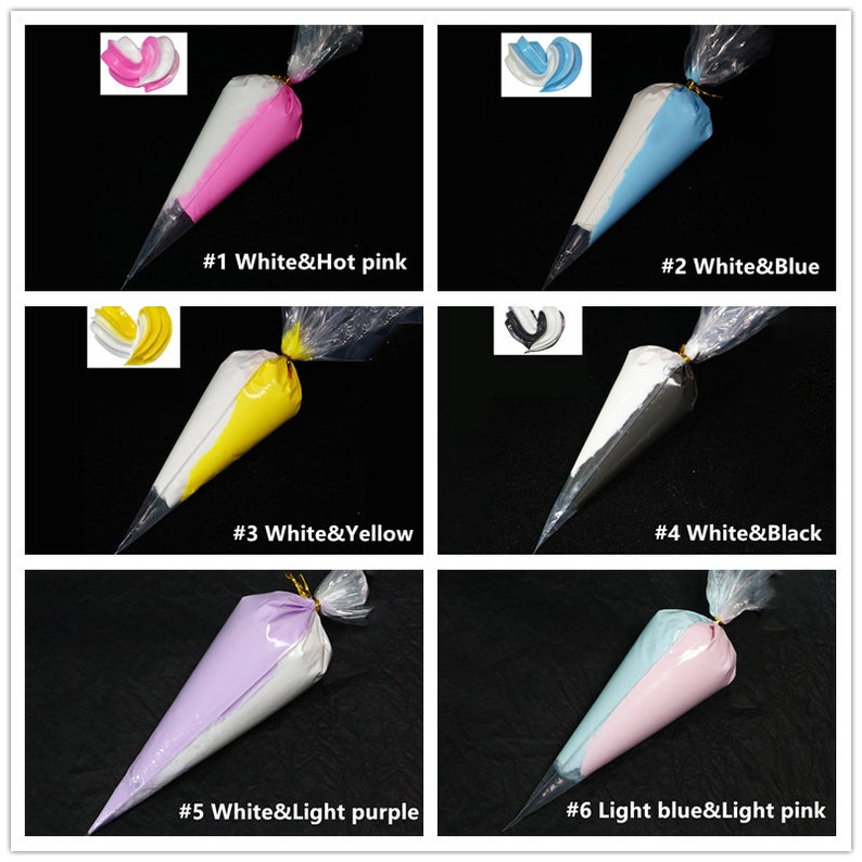 May include: Six plastic piping bags filled with different colored frosting. The bags are labeled with numbers and color combinations, such as #1 White & Hot pink, #2 White & Blue, #3 White & Yellow, #4 White & Black, #5 White & Light purple, and #6 Light blue & Light pink.
