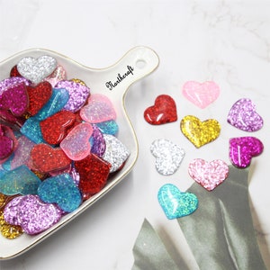 5/10/20/50 piezas de cabujón de corazón de amor con parte posterior plana y purpurina, cabujón de resina de 36 x 32 mm