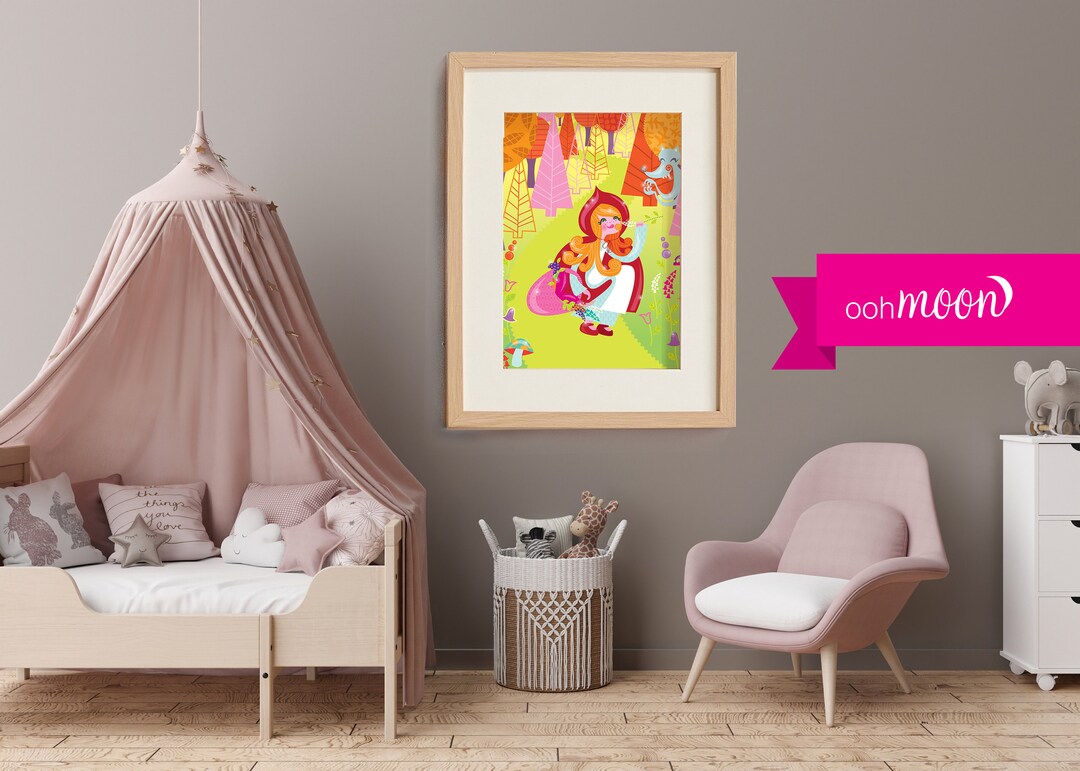 Modern Red Riding Hood Art, Modern Kid's Room Print, Mid Century Baby