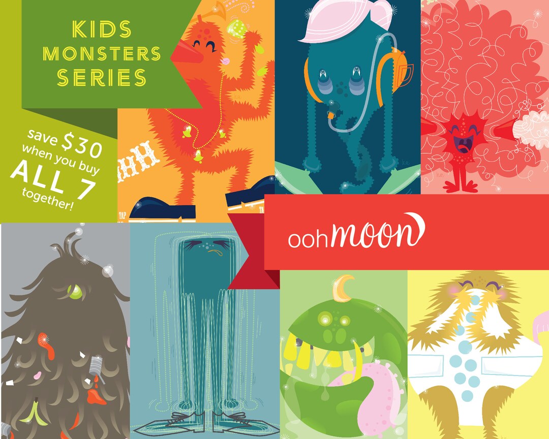 Modern Kid's Monster Series Art, Funny Monster Art, Kids Bath Art, Baby Bath Art, Mid Century ...