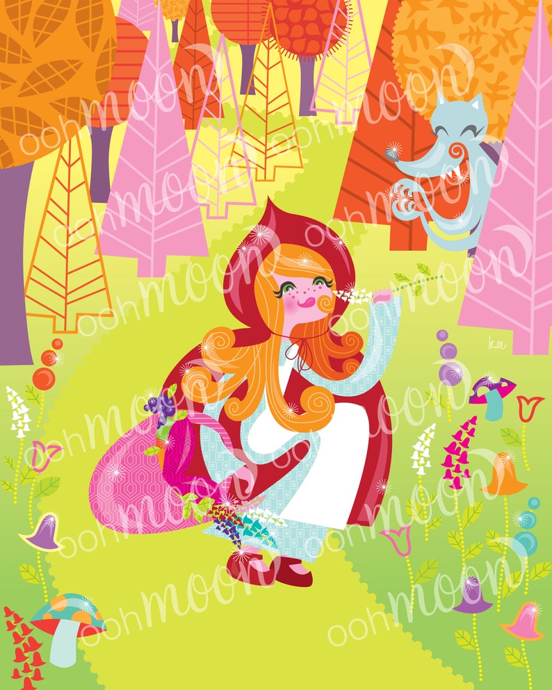 Modern Red Riding Hood Art, Modern Kid's Room Print, Mid Century Baby