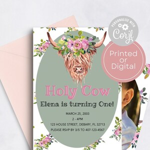 Holy Cow | First Birthday Invite | Kids Birthday Invitation | 5x7 | Front and Back | Printable | Printed | Editable personalized template
