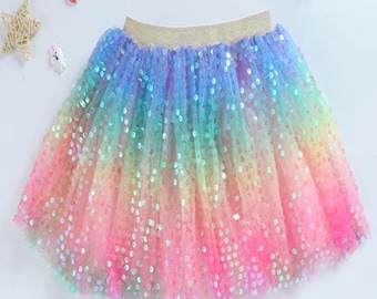 Gonna in tulle con paillettes arcobaleno pastello per bambine, abito da ballo