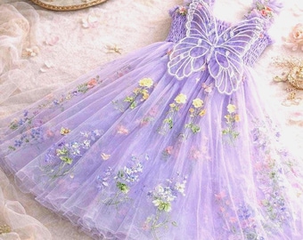 Abito da bambina in tulle floreale ricamato color lavanda / Abito da festa di compleanno / Damigella d'onore fata sognante