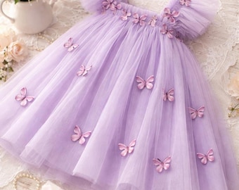 Abito in tulle color lavanda con farfalle per bambine - Abito in tulle viola completamente foderato con fata