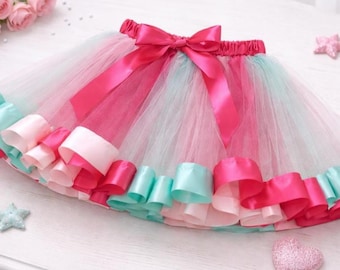 Pink Green Tulle Tutu Skirt, Ribbon Trim, Party Dress Up Skirt