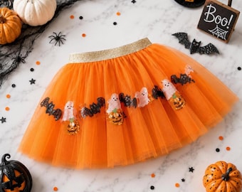 Girls Halloween Tutu Skirt, Sparkly Orange Pumpkin Dress Up , Fun Festive Holiday outfit for Toddlers , Baby Tulle Skirt, Ghosts and Bats