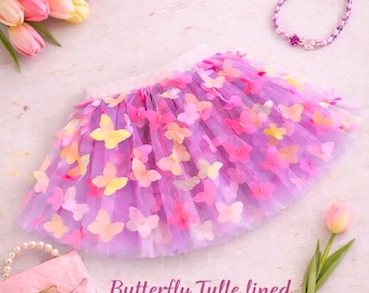 Gonna in tulle con farfalle per bambine/neonate - Gonna tutù foderata color pastello con farfalle 3D - Gonna a ruota per feste di compleanno o travestimenti.