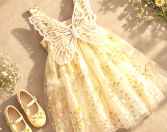 Abito da bambina in tulle giallo ricamato con fiori / Abito per festa di compleanno / Abito da fata sognante per damigella d'onore