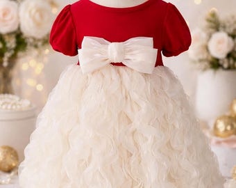 Red Knit & Ivory Tulle Party Dress with Satin Bow