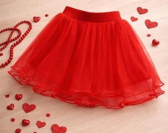 Gonna tutù in tulle rosso, completo da ballo per bambina per feste.