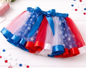 Patriotic Tutu Skirt, Red, White & Blue Girls Skirt, 4th of July Outfit, Toddler Independence Day Dress-U