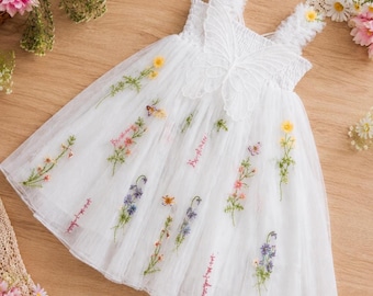 Abito da bambina in tulle bianco ricamato con farfalle – Fata damigella d'onore invitata a un matrimonio